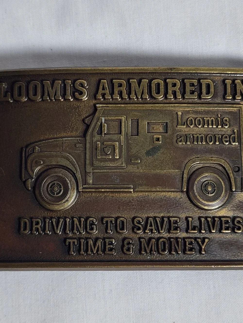 Vintage Brass Belt Buckle Loomis Armored Trucks 1970's Made In USA Retro